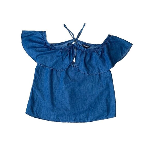 Express Women’s Medium Boho Festival Halter Cold Shoulder Blue Denim Top NWT - Picture 1 of 9